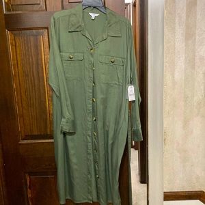 Long sleeve olive green mid length khaki style dress with matching belt